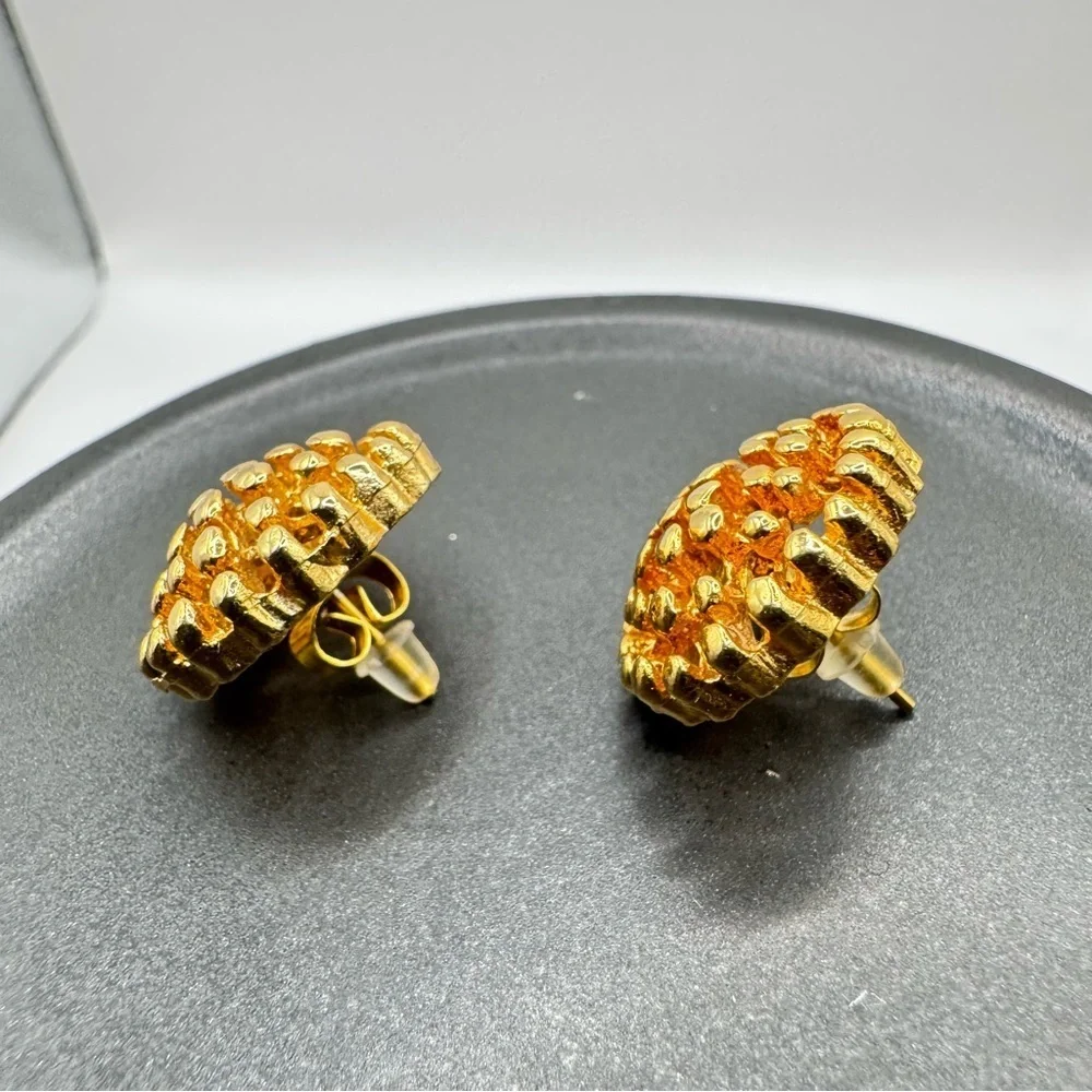 Vintage Gold Tone Textured Dome Stud Earrings | Brutalist Statement 3D Retro